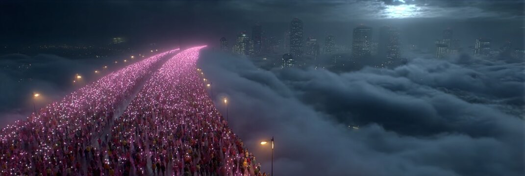 A large crowd of people are gathered on a road above the clouds at night.