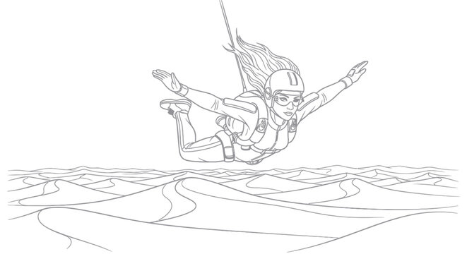 Woman skydiving over sand dunes in a desert