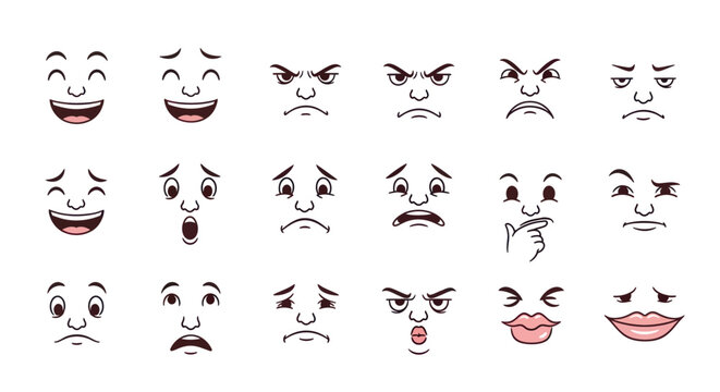 Set of cartoon facial expressions representing various human emotions on a white background