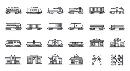 Set of linear icons representing various trains, cargo wagons, and railway stations. © Vect