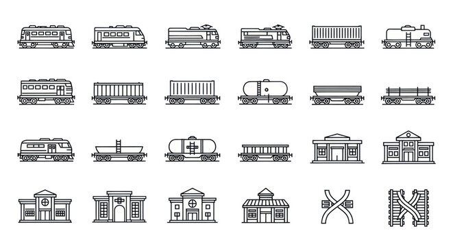 Set of linear icons representing various trains, cargo wagons, and railway stations.