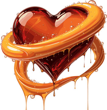 Generate a realistic Caramel heart whit golden ribbon vector art with white background..