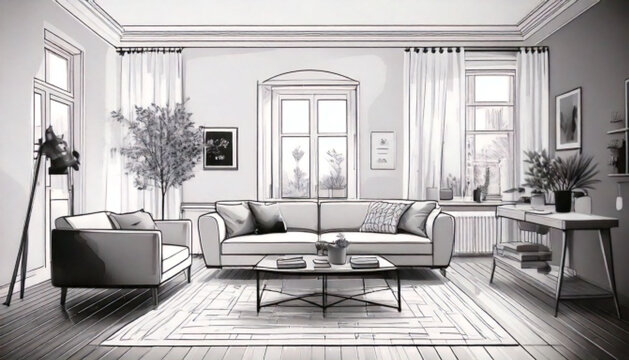 Modern Living Room Interior Design Sketch Style.