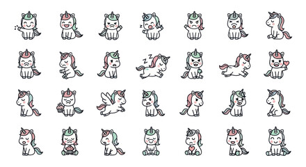 Cute kawaii unicorn emoji collection with various expressions and poses on white background © Vect