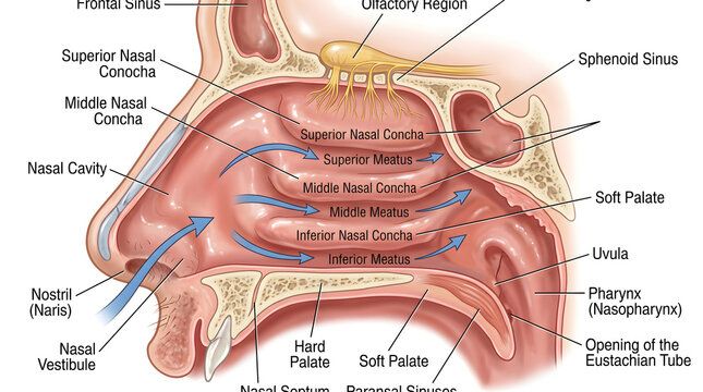 Cross‑section of the human nasal cavity with airflow arrows, labeling nasal conchae, meatuses, septum, vestibule, palate and pharynx, illustrating how inspired air is warmed, filtered and directed thr