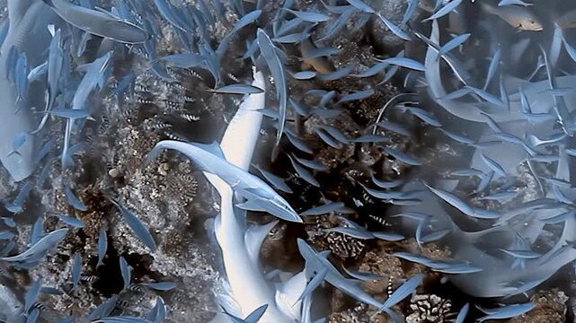 Gentle nurse sharks gracefully navigate a vibrant Fiji reef. Remora fish hitch a ride as a sprawling school of shimmering fish encircles them in a captivating ocean ballet.