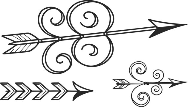 Decorative arrows collection featuring various styles with elegant scrolls, traditional feather fletching, and modern designs.