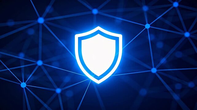 Blue glowing shield on network background