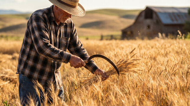 Elderly farmer harvesting golden wheat with a traditional sickle