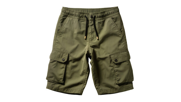 Olive green cargo shorts with drawstring and multiple pockets, isolated on transparent background