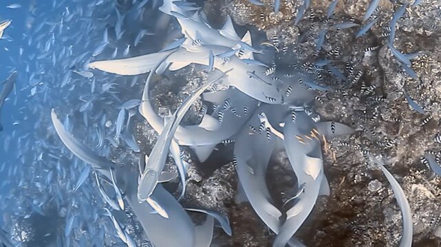 Nurse sharks gracefully swim amidst a swirling school of fish and attached remora in Fiji's sunlit ocean. This aquatic ballet reveals a thriving ecosystem, a beautiful marine encounter.