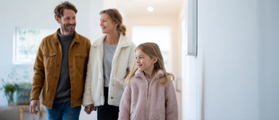 Obraz premium Happy family walking indoors together