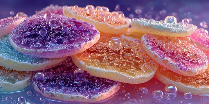 A close-up view of sugary cookies covered in colorful crystals and surrounded by water bubbles on a shiny surface.