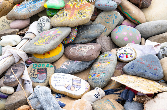 Memorial dedicated to Dobby the House Elf at Freshwater West beach in Pembrokeshire, United Kingdom