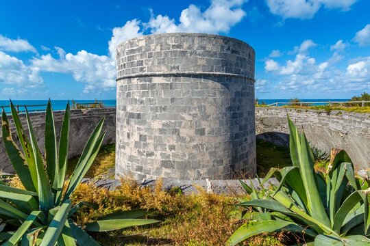 Martello Tower stands strong at Ferry Reach in Bermuda, built by the British Army in 1883 to guard the channel against enemies from the Atlantic Ocean