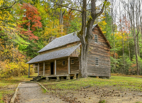 Historic log cabin known as Tipton Place located in Cades Cove within Smoky Mountain National Park in Tennessee from the late 1800s