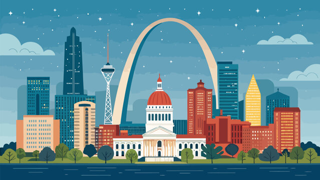 Stylized city skyline illustration with gateway arch and iconic landmarks under a starry night sky