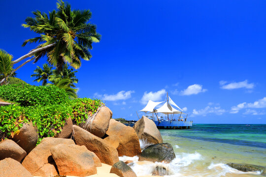 View of a beach with palm trees and rocks in front of a structure by the water at a resort in Seychelles