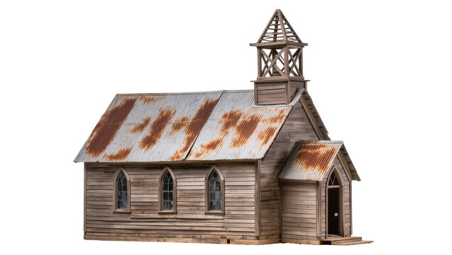 Rustic wooden church with rusted corrugated metal roof, isolated on transparent background