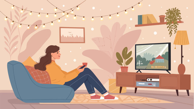 Cozy evening at home woman relaxing on a comfortable chair, watching tv in a warm living room