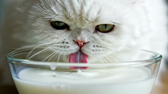 A fluffy Persian feline with striking green eyes carefully laps creamy milk from a transparent glass bowl, showcasing its distinctive pink nose and long whiskers during a refreshing beverage