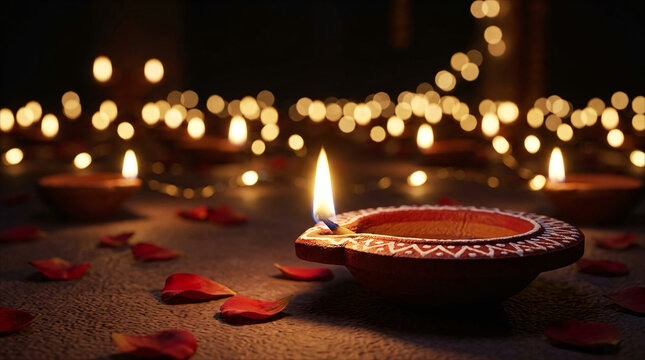 Traditional clay diya lamp with burning wick and rose petals on dark background with bokeh lights