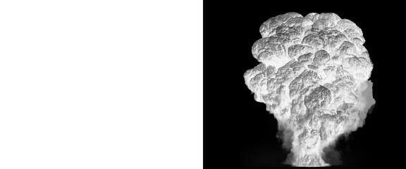 Dramatic explosion smoke cloud on black background, massive white smoke plume with alpha channel mask, cinematic blast effect for visual effects © Transparent Studio