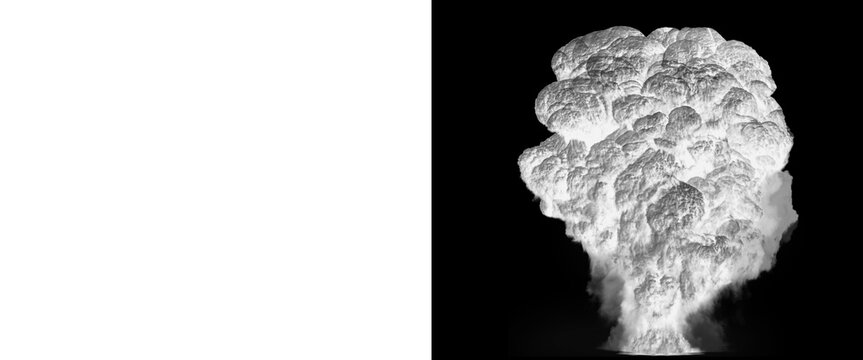 Dramatic explosion smoke cloud on black background, massive white smoke plume with alpha channel mask, cinematic blast effect for visual effects