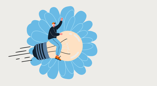 Creative thinking and innovation concept vector illustration of a man riding a light bulb, symbolizing bright ideas and inspiration for business growth