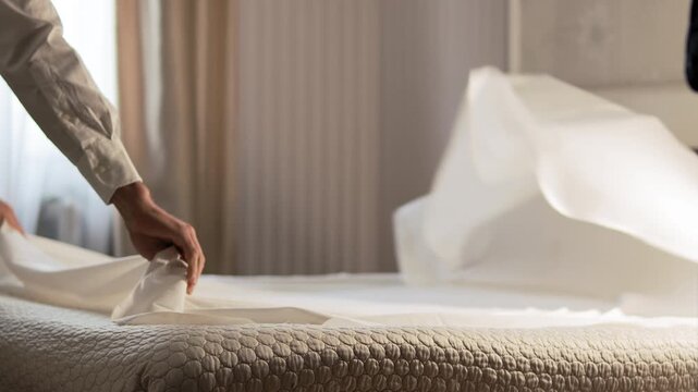 In a bright bedroom, a man with his hands tuck a sheet onto a double bed