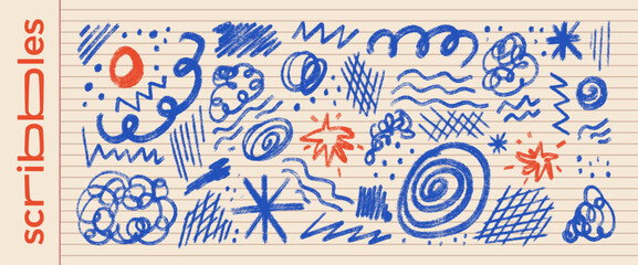 Naive abstract blue pencil doodles on legal pad paper. Irregular forms school scribble set with messy pencil strokes, doodle textures, brushstrokes. Vector spontaneous expressive graphic elements. © Syuzann q