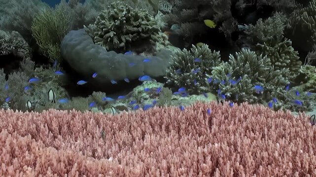 Azure damselfish swarm over brilliant pink acropora coral and diverse reef formations. Other fish dart around, creating active and serene underwater tapestry in clear sunlit ocean during day.