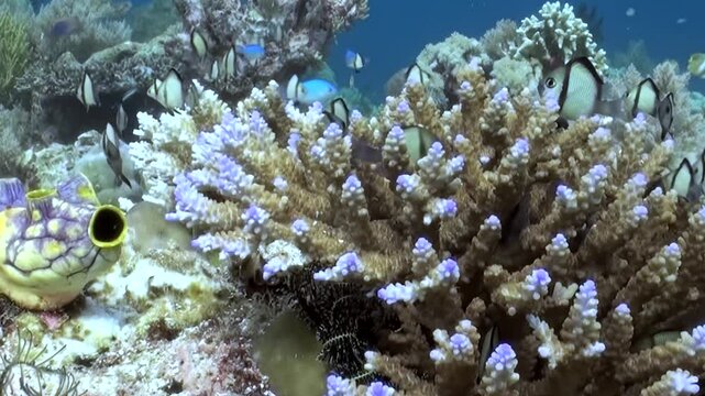 Discover an exquisite coral ecosystem flourishing with aquatic wonders. Agile damselfish and other colorful species dance around a magnificent coral formation.