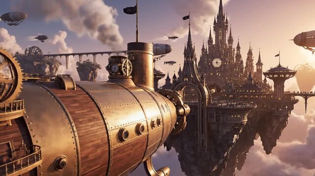 Ornate steampunk airship flying past a majestic floating castle city