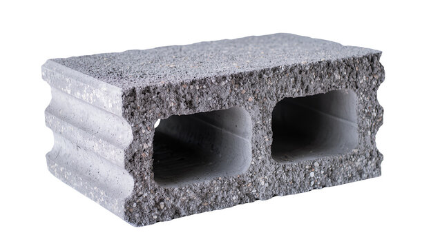 Gray concrete cinder block with two hollow openings, isolated on transparent background