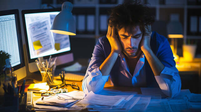 Accountant overwhelmed by spreadsheets and financial reports ,stressed work in office, upset student in his room, student studing at night with stress, hard work of office worker,