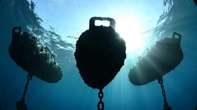 Three Dark Naval Mines Chained Underwater Silhouetted by Bright Sun Rays and Ocean Surface