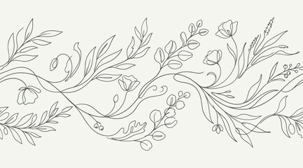 Fototapeta premium Continuous line art floral seamless pattern with wildflowers