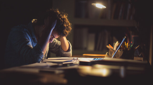 Student crying quietly while preparing for difficult exams ,stressed work in office, upset student in his room, student studing at night with stress, hard work of office worker, ph