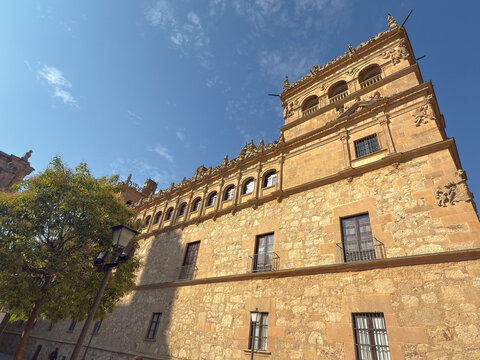 Exploring the architecture of the Palace of Monterrey in Salamanca, Spain with clear blue sky