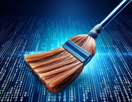 digital broom sweeping data blocks on glowing binary background concept of cybersecurity data cleaning digital hygiene system optimization artificial intelligence and tech maintenance