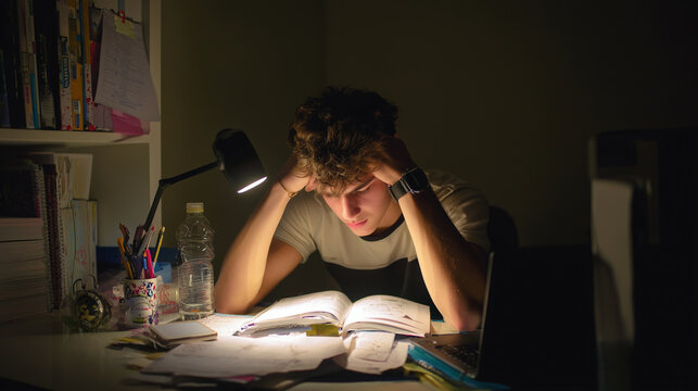 Teenager studying with tired eyes and phone distractions nearby ,stressed work in office, upset student in his room, student studing at night with stress, hard work of office worke