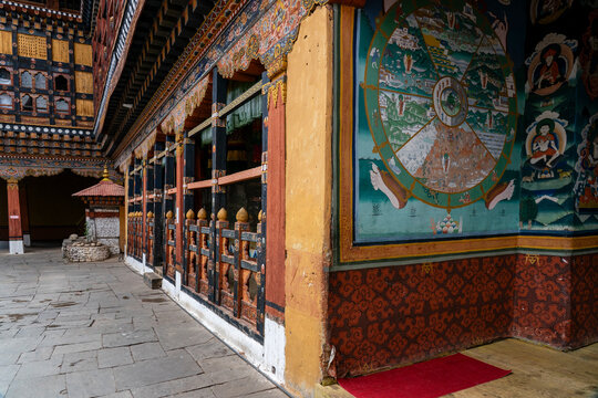 Exploring Rinpong Dzong Monastery with colorful murals and traditional architecture in Paro Bhutan