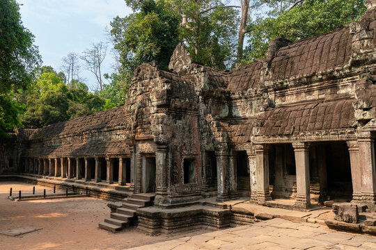 Exploring ancient stone structures at Ta Prohm Temple in Angkor, Cambodia