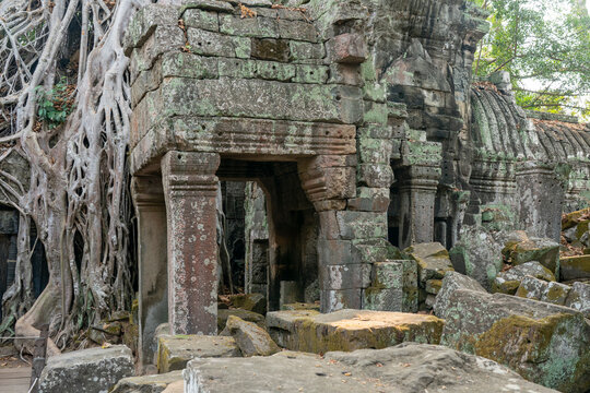 Exploring the ancient structures of Ta Prohm Temple surrounded by nature at Angkor, Cambodia