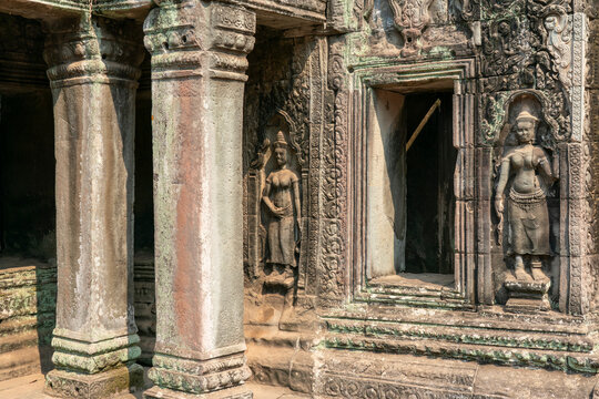 Exploring the intricate carvings and stone structures at Ta Prohm Temple in Angkor, Siem Reap, Cambodia during daytime hours