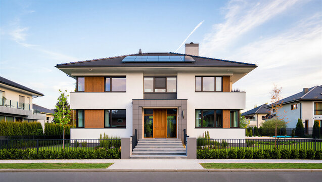 Modern detached house with solar panels and elegant exterior design on a bright sunny day, blue sky