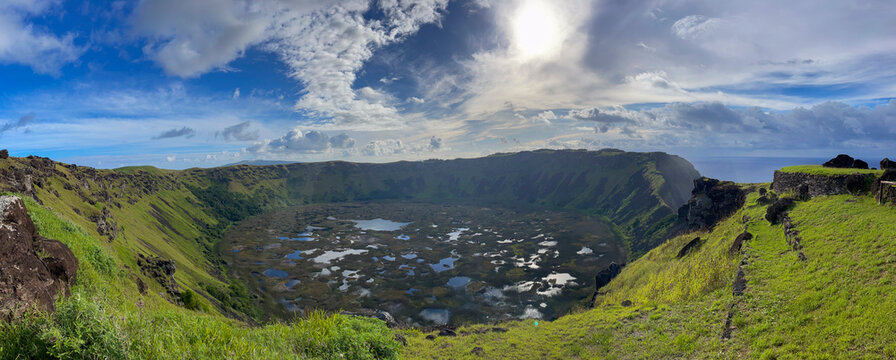 Exploring Rano Kau Volcano with its crater lake and lush landscape on Easter Island in Chile