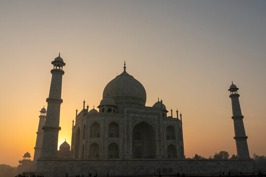Majestic Taj Mahal displayed against the backdrop of a sunrise in Agra, Uttar Pradesh, India