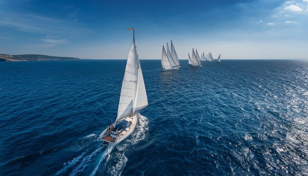 regatta of sailing ships with white sails on the high seas aerial view of a sailboat in a windy state